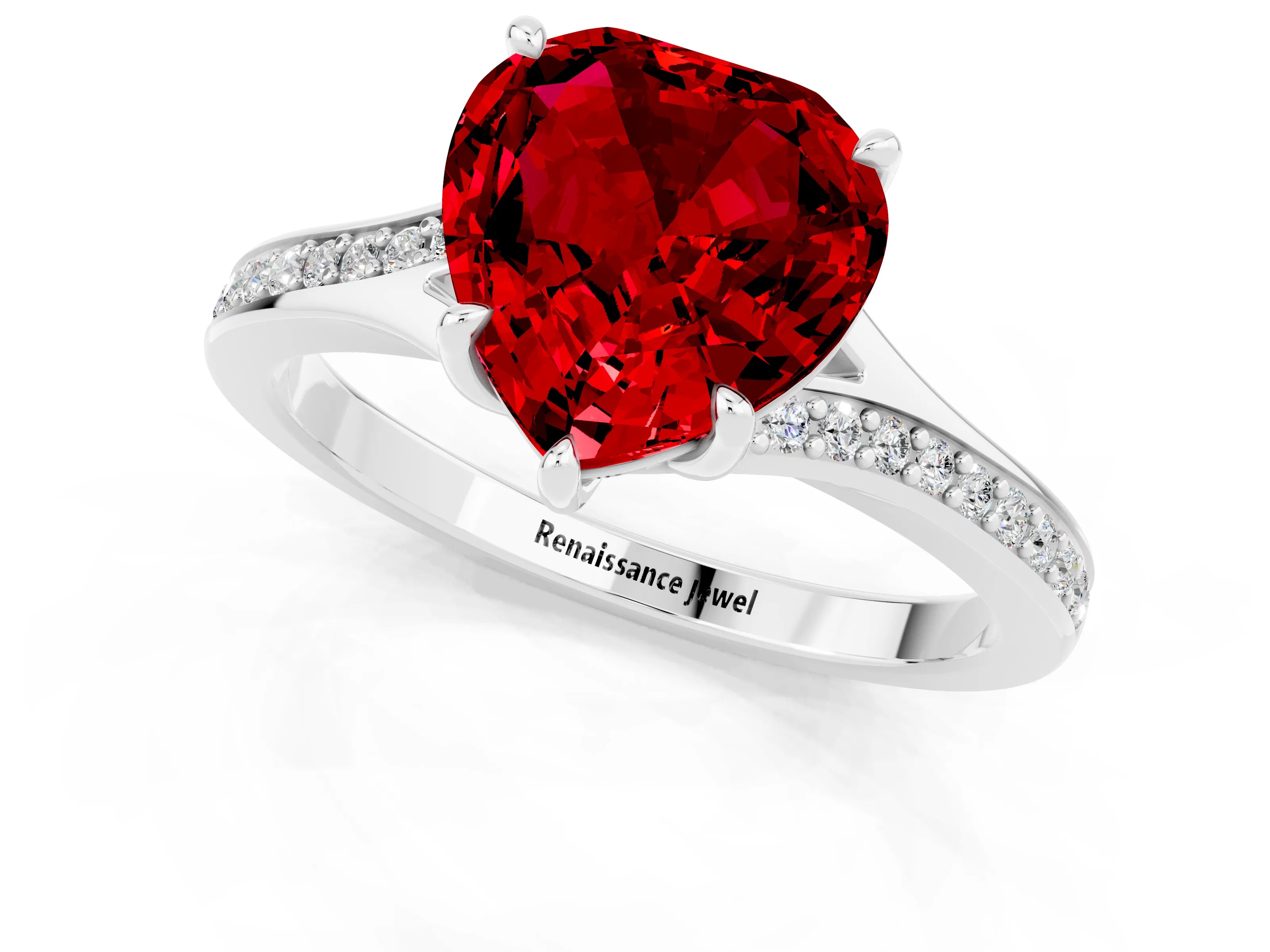 Platinum Heart Cut Ruby Solitaire Ring with Pavé Band and Prong Setting_13