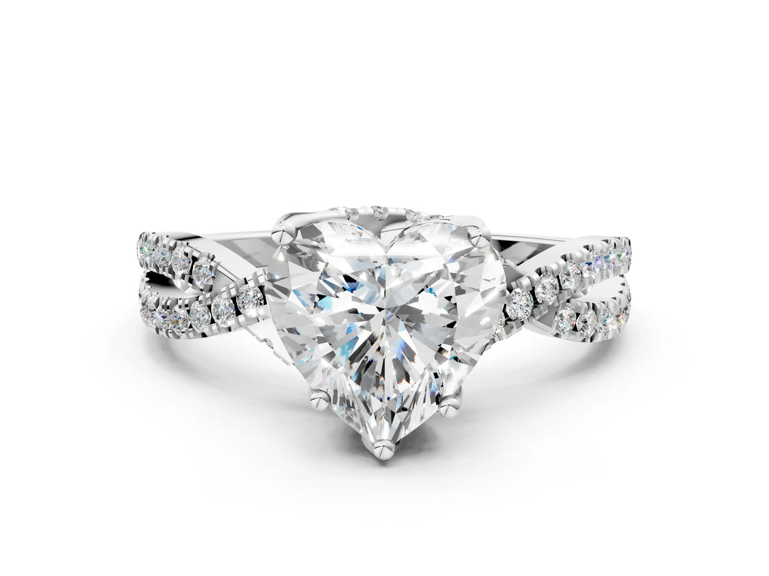 Platinum Heart Cut Solitaire Twist Pave Diamond Engagement Ring with Prong Setting_19