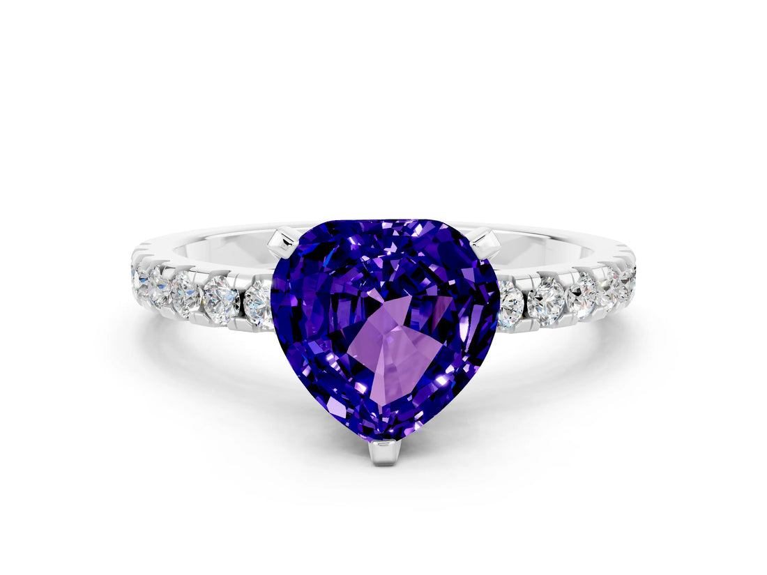 Platinum Heart Cut Tanzanite Solitaire Ring with Round  Pavé Band and Four-Prong Setting_24