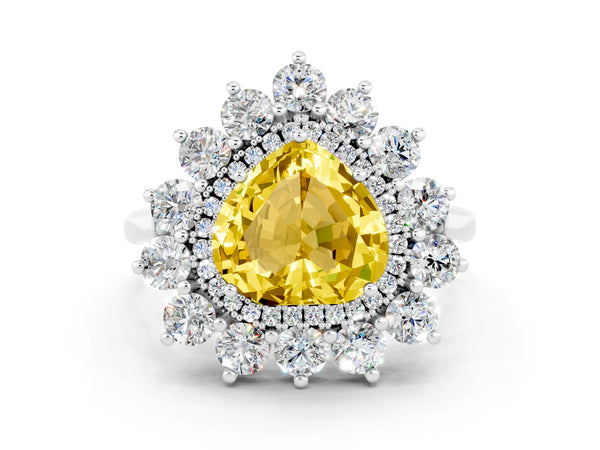 Platinum Heart-Shaped Lab-Grown Yellow Sapphire Floral Double Halo Engagement Ring with Plain Band