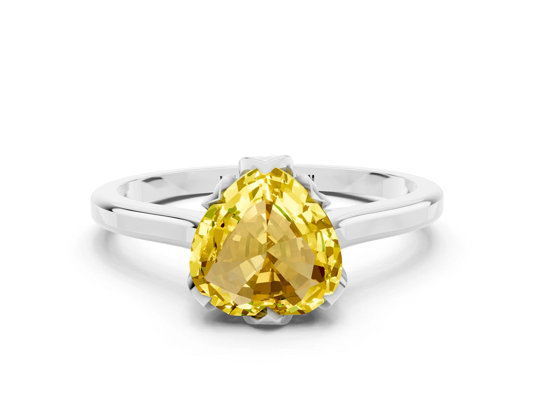 Platinum Heart Cut Yellow Sapphire Solitaire Ring with Flower Prong Setting and Classic Band