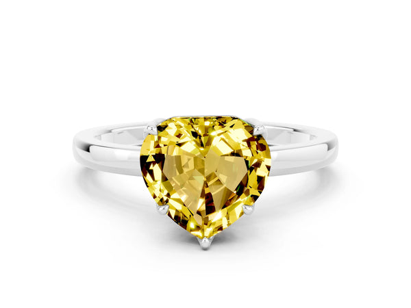 Platinum Heart Cut Yellow Sapphire Solitaire Ring with Thin Band and Prong Setting