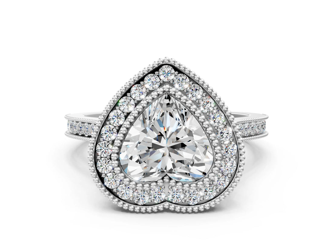 Platinum Heart Diamond Halo Ring with Milgrain Frame and Pavé Band
