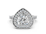 Platinum Heart Diamond Halo Ring with Milgrain Frame and Pavé Band