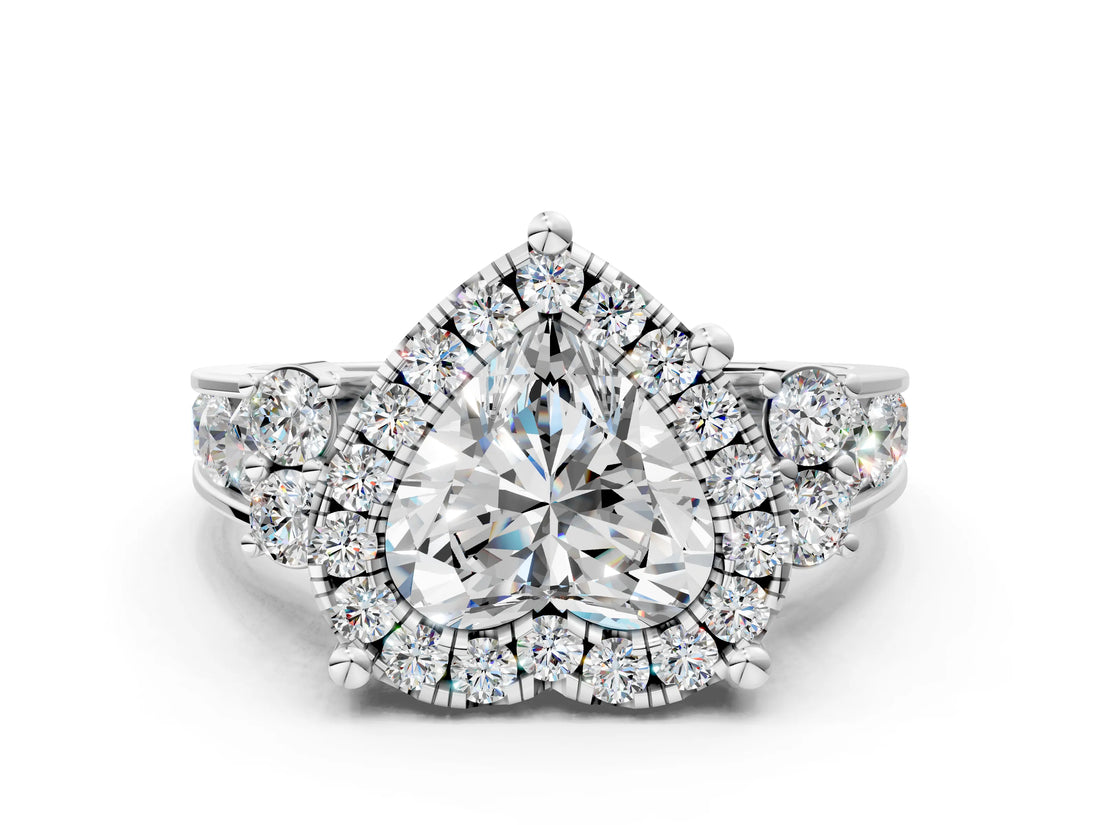Platinum Heart Halo Diamond Engagement Ring with Split Shank and Four-Prong Setting