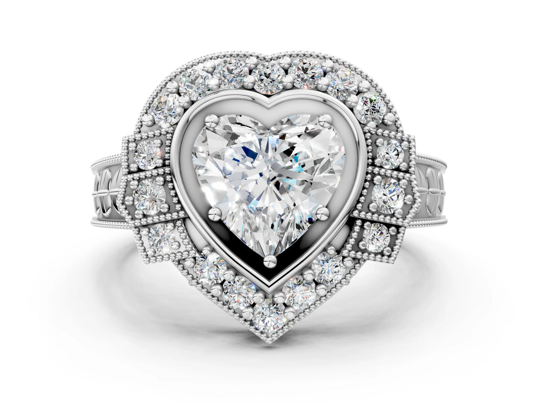 Platinum Heart Halo Diamond Ring with Milgrain Bezel and Prong Setting_6