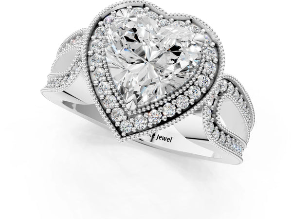Platinum Heart-Shaped Vintage Milgrain Halo Engagement Ring Setting with Pave Loop Shoulders