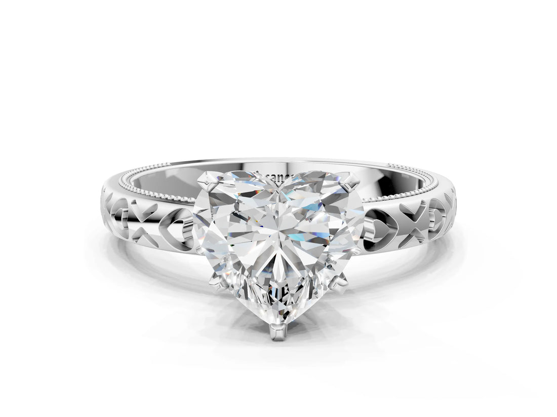 Platinum Heart Solitaire Diamond Engagement Ring with XO Engraved Band and Four-Prong Setting 2