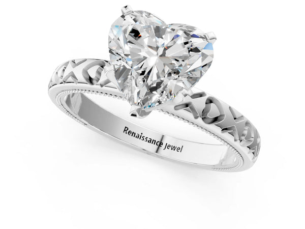 Platinum Heart-Shaped Solitaire Engagement Ring Setting with XO Engraved Band and Milgrain Edges