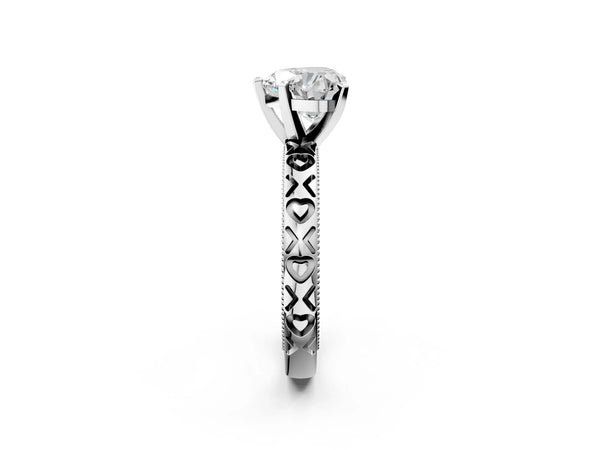 Platinum Heart-Shaped Solitaire Engagement Ring Setting with XO Engraved Band and Milgrain Edges
