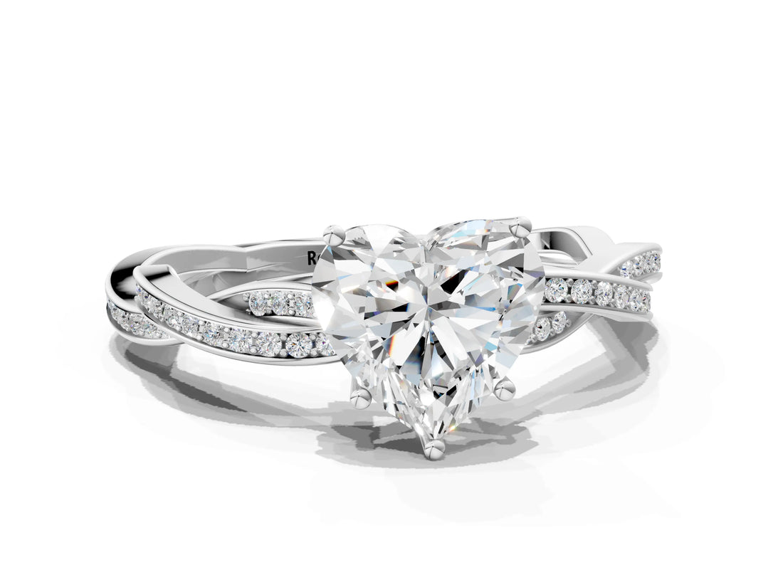 Platinum Heart Solitaire Twisted Pave Diamond Ring with Four-Prong Setting