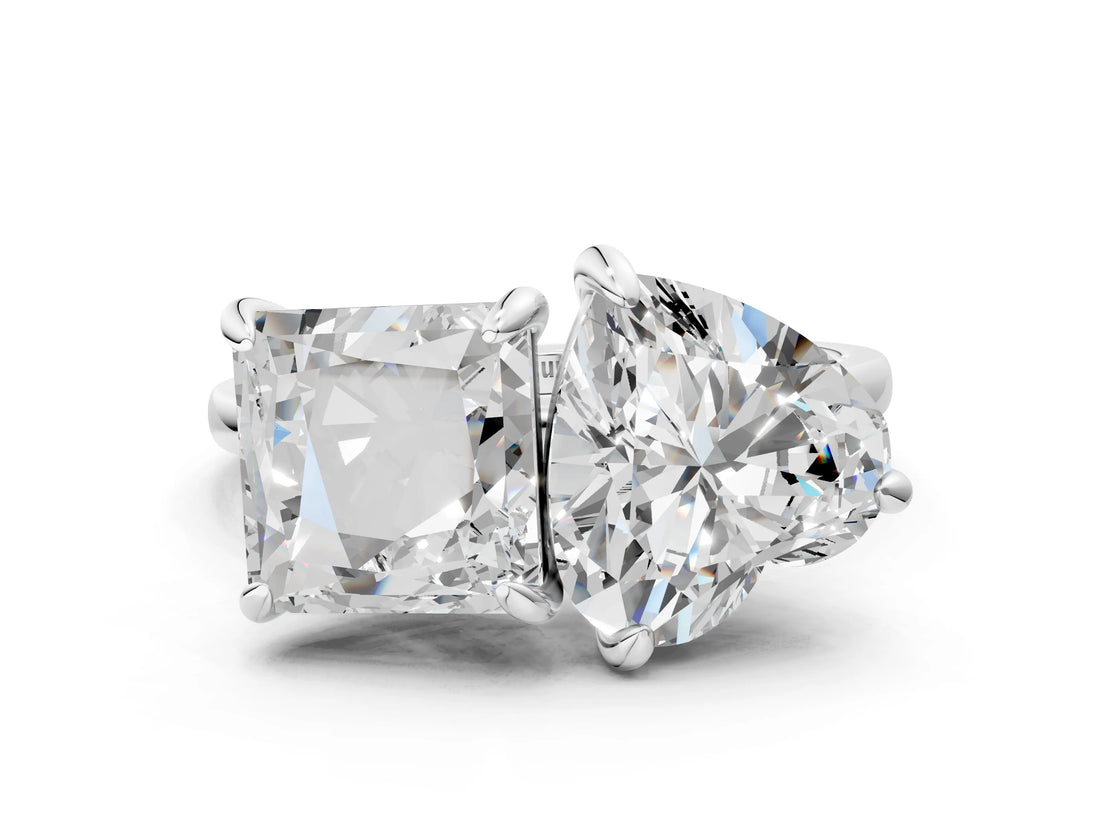 Platinum 1.62 Carat E VVS2 Heart and Princess Toi Moi Ring with Prong Setting and Plain Band