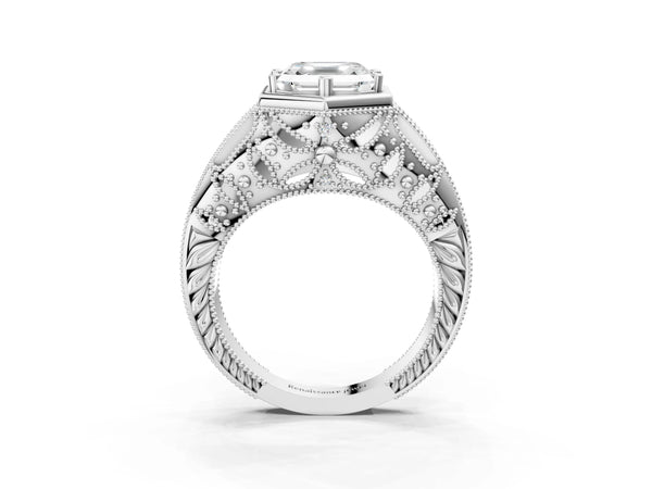 Platinum Hexagon Bezel Asscher Cut Diamond Milgrain Split Shank Ring