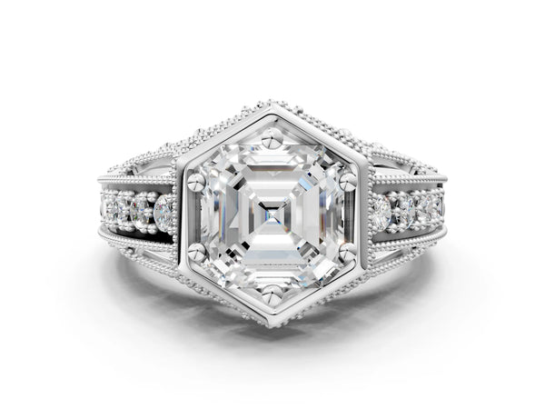 Platinum Hexagon Bezel Asscher Cut Diamond Milgrain Split Shank Ring