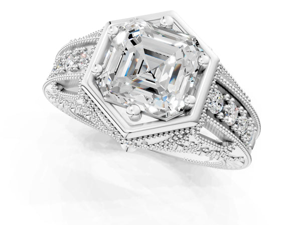 Platinum Hexagon Bezel Asscher Cut Diamond Milgrain Split Shank Ring