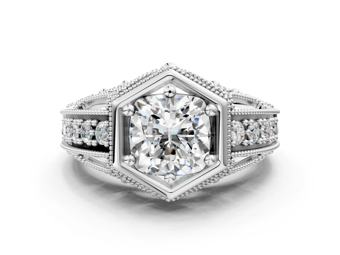 Platinum Hexagon Bezel Cushion Cut Diamond Milgrain Split Shank Ring_7