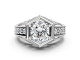 Platinum Hexagon Bezel Cushion Cut Diamond Milgrain Split Shank Ring_7