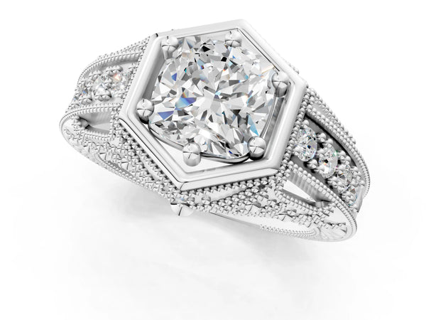 Platinum Hexagon Bezel Cushion Cut Diamond Milgrain Split Shank Ring
