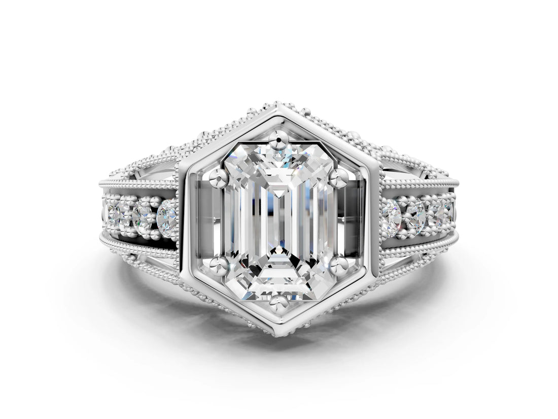 Platinum Hexagon Bezel Emerald Cut Diamond Milgrain Split Shank Ring_40