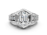 Platinum Hexagon Bezel Emerald Cut Diamond Milgrain Split Shank Ring_40