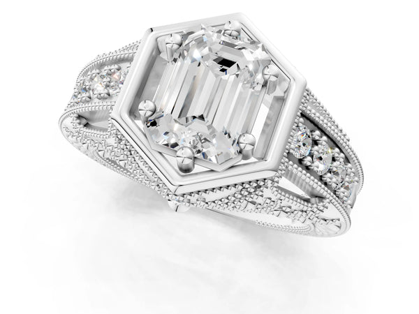 Platinum Hexagon Bezel Emerald Cut Diamond Milgrain Split Shank Ring