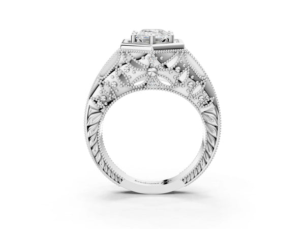 Platinum Hexagon Bezel Emerald Cut Diamond Milgrain Split Shank Ring