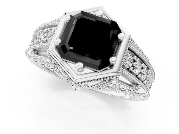 Platinum Hexagon Bezel Fancy Black Asscher Cut Diamond Milgrain Split Shank Ring