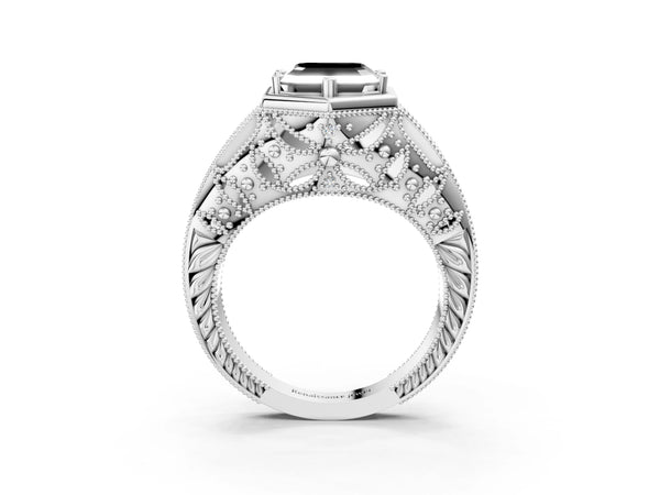 Platinum Hexagon Bezel Fancy Black Asscher Cut Diamond Milgrain Split Shank Ring