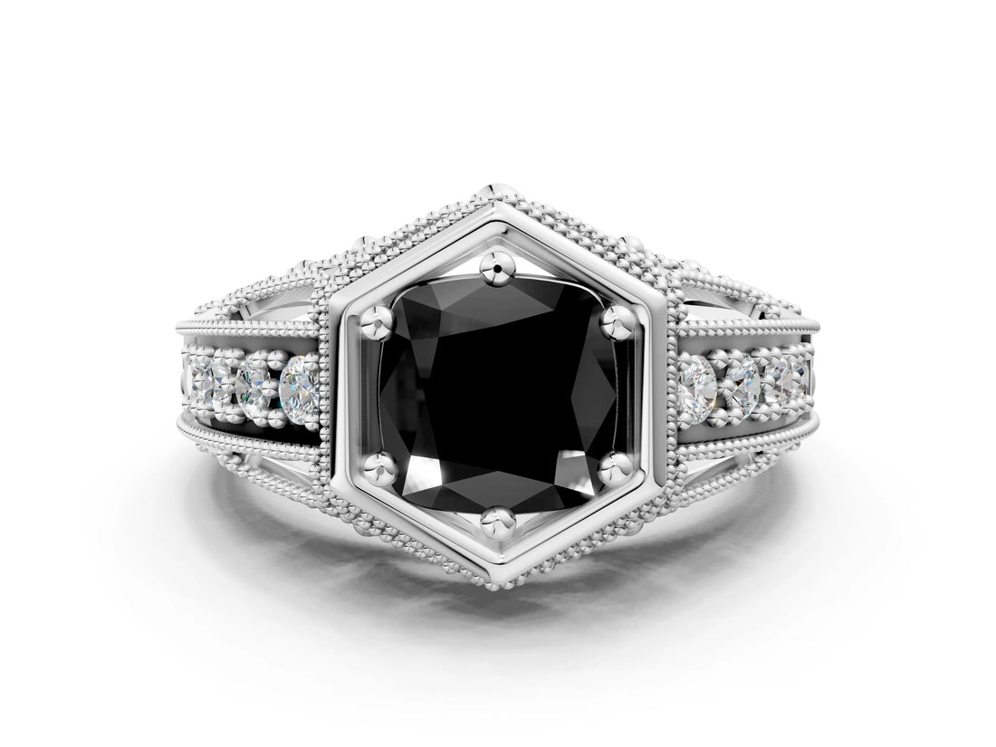 Platinum Hexagon Bezel Fancy Black Cushion Cut Diamond Milgrain Split Shank Ring_6