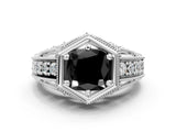 Platinum Hexagon Bezel Fancy Black Cushion Cut Diamond Milgrain Split Shank Ring_6