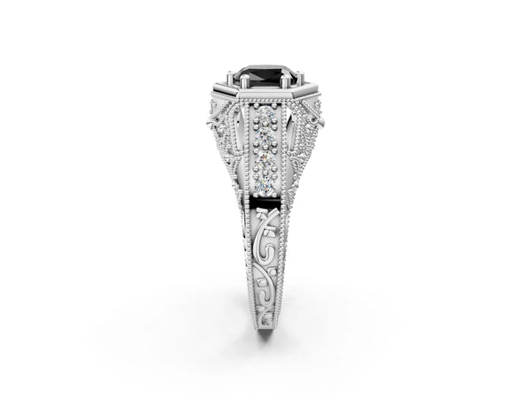 Platinum Hexagon Bezel Fancy Black Cushion Cut Diamond Milgrain Split Shank Ring