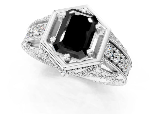 Platinum Hexagon Bezel Fancy Black Emerald Cut Diamond Milgrain Split Shank Ring