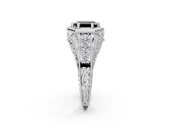 Platinum Hexagon Bezel Fancy Black Emerald Cut Diamond Milgrain Split Shank Ring