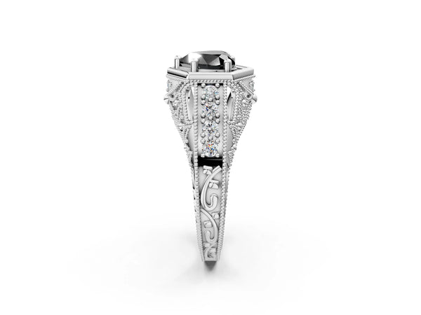Platinum Hexagon Bezel Fancy Black Heart Cut Diamond Milgrain Split Shank Ring