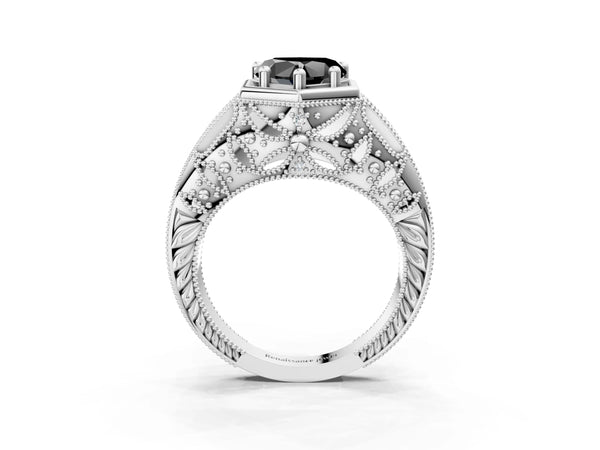 Platinum Hexagon Bezel Fancy Black Heart Cut Diamond Milgrain Split Shank Ring