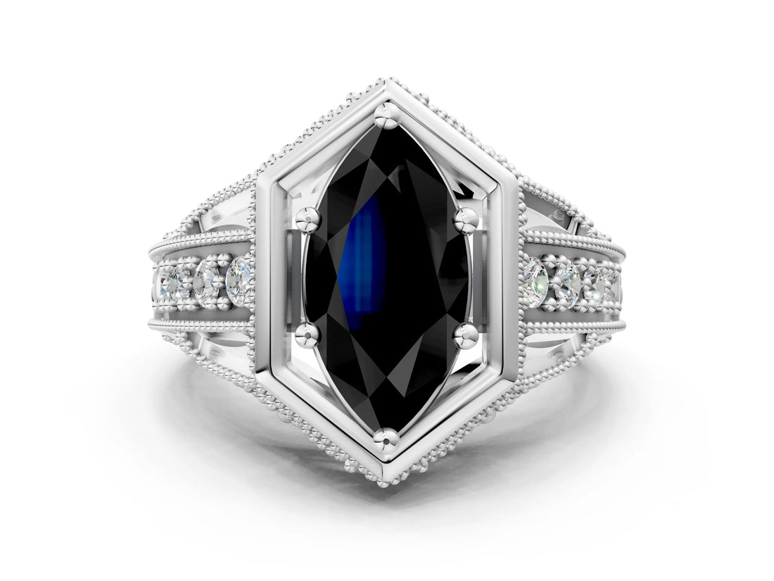 Platinum Hexagon Bezel Fancy Black Marquise Cut Diamond Milgrain Split Shank Ring_12
