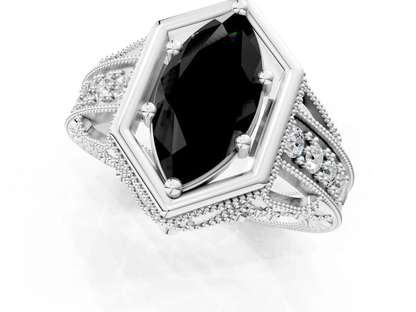 Platinum Hexagon Bezel Fancy Black Marquise Cut Diamond Milgrain Split Shank Ring