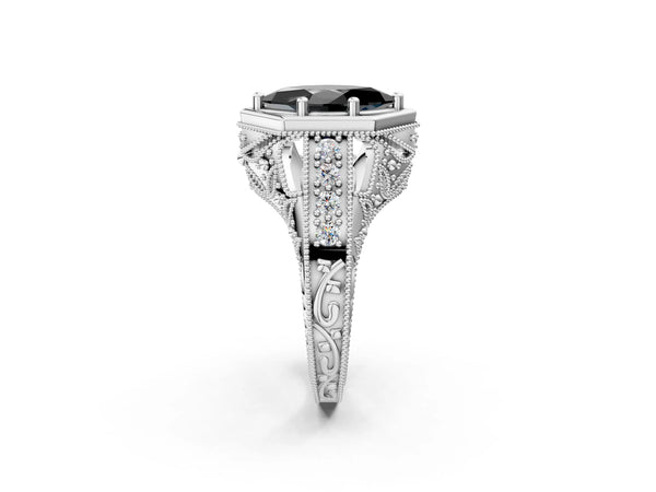 Platinum Hexagon Bezel Fancy Black Marquise Cut Diamond Milgrain Split Shank Ring