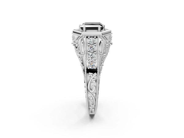 Platinum Hexagon Bezel Fancy Black Princess Cut Diamond Milgrain Split Shank Ring