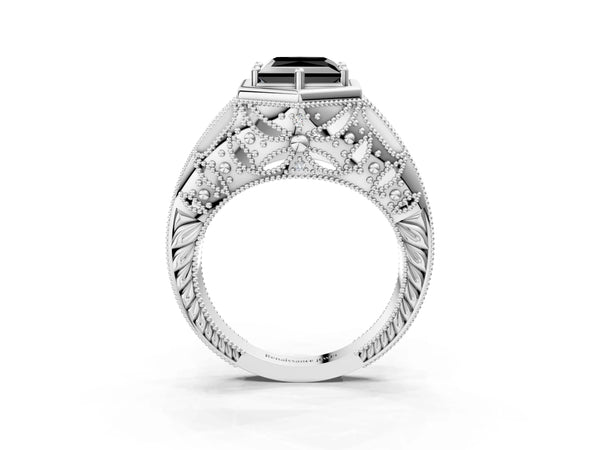 Platinum Hexagon Bezel Fancy Black Princess Cut Diamond Milgrain Split Shank Ring