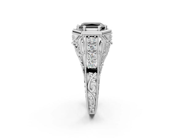 Platinum Hexagon Bezel Fancy Black Radiant Cut Diamond Milgrain Split Shank Ring