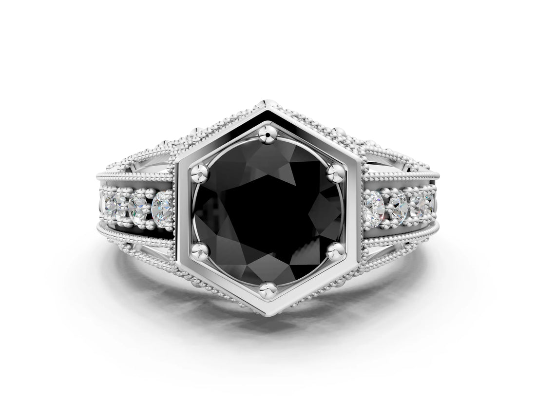 Platinum Hexagon Bezel Fancy Black Round Cut Diamond Milgrain Split Shank Ring_6