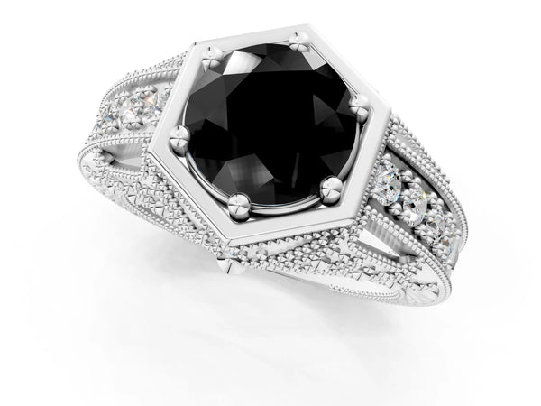 Platinum Hexagon Bezel Fancy Black Round Cut Diamond Milgrain Split Shank Ring