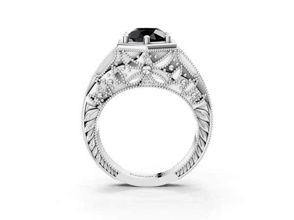 Platinum Hexagon Bezel Fancy Black Round Cut Diamond Milgrain Split Shank Ring