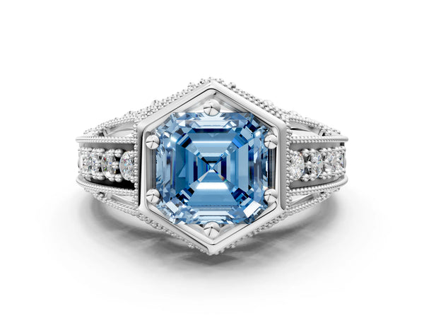 Platinum Hexagon Bezel Fancy Blue Asscher Cut Diamond Milgrain Split Shank Ring