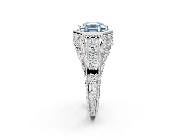 Platinum Hexagon Bezel Fancy Blue Asscher Cut Diamond Milgrain Split Shank Ring