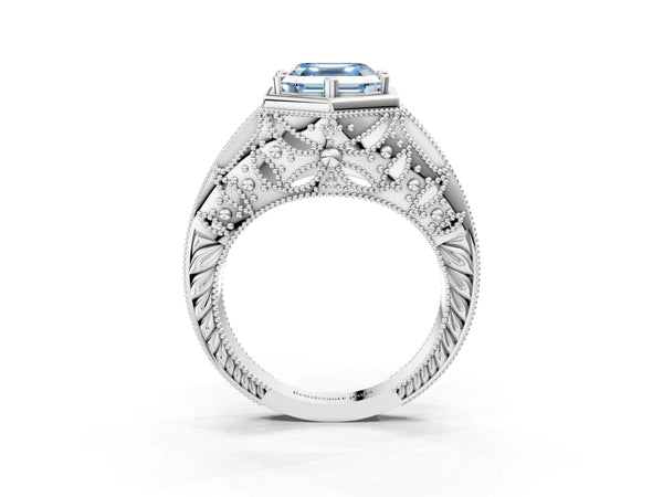 Platinum Hexagon Bezel Fancy Blue Asscher Cut Diamond Milgrain Split Shank Ring