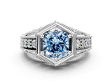 Platinum Hexagon Bezel Fancy Blue Cushion Cut Diamond Milgrain Split Shank Ring_108