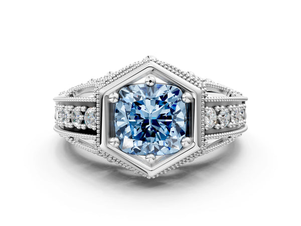 Platinum Hexagon Bezel Fancy Blue Cushion Cut Diamond Milgrain Split Shank Ring