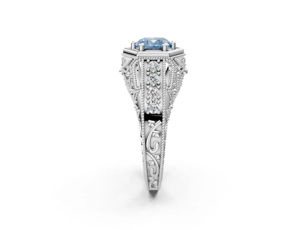 Platinum Hexagon Bezel Fancy Blue Cushion Cut Diamond Milgrain Split Shank Ring